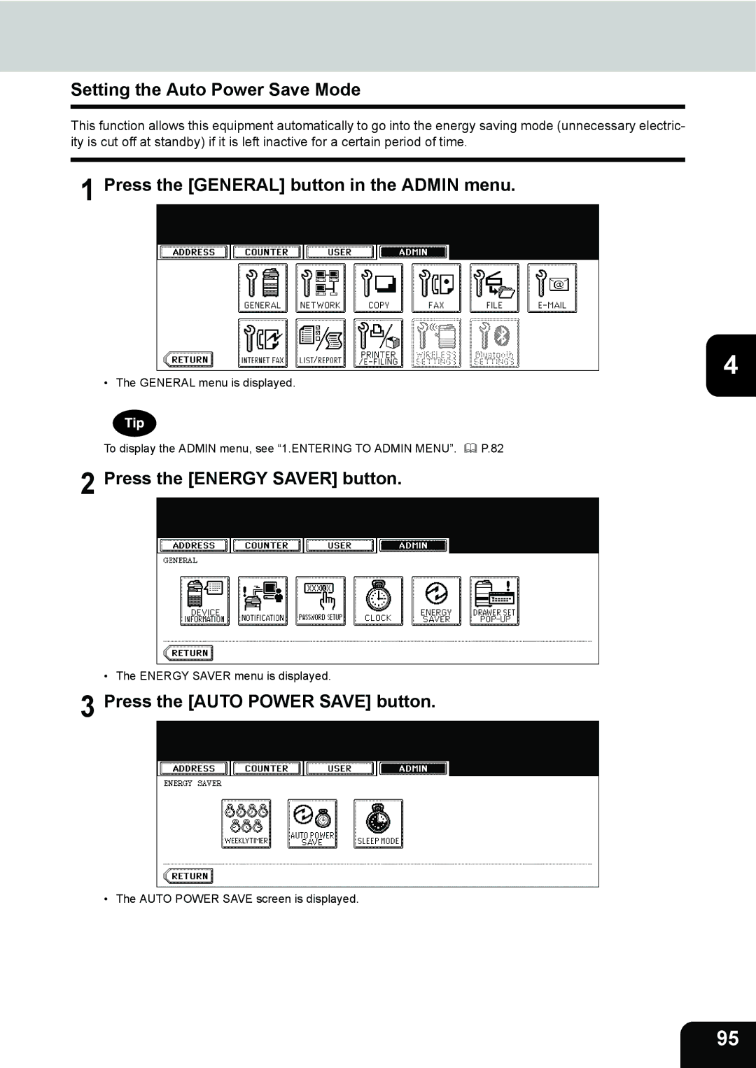 Toshiba 282, 232, 202L manual Setting the Auto Power Save Mode, Press the Auto Power Save button 