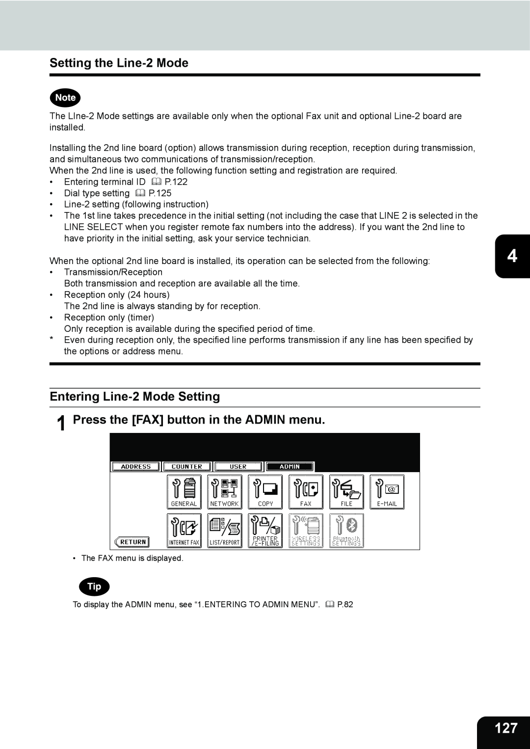 Toshiba 232, 282, 202L manual Setting the Line-2 Mode, Entering Line-2 Mode Setting 1 Press the FAX button in the ADMIN menu 