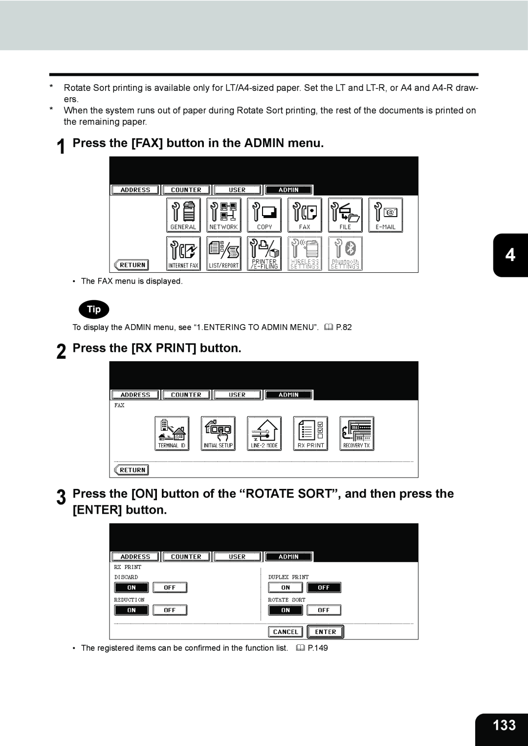 Toshiba 232, 282, 202L manual Press the FAX button in the ADMIN menu, Press the RX PRINT button 