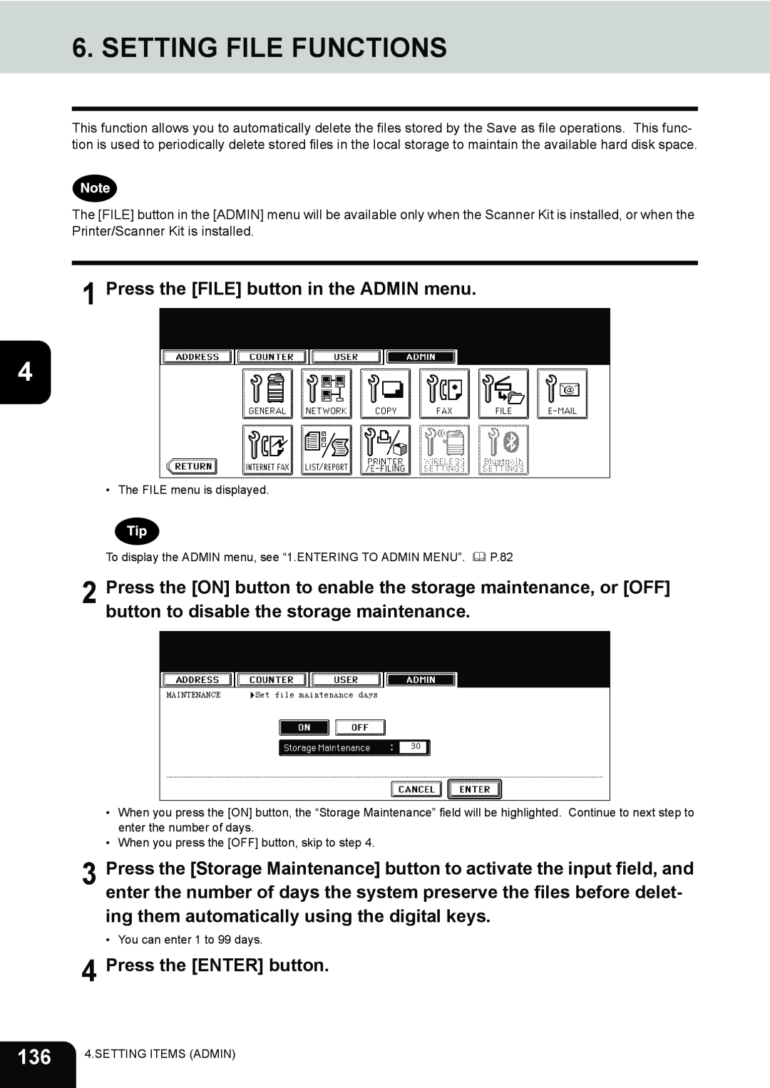 Toshiba 232, 282, 202L manual Setting File Functions, Press the FILE button in the ADMIN menu, Press the ENTER button 
