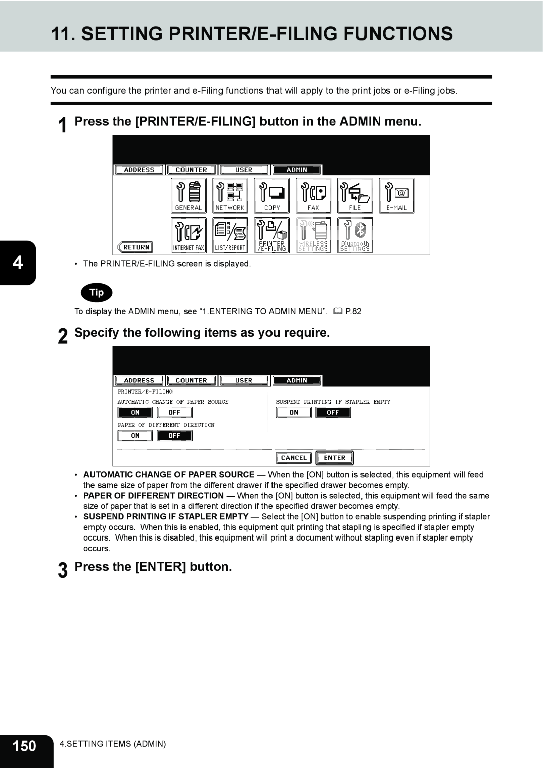 Toshiba 202L, 232, 282 manual Setting Printer/E-Filing Functions, Press the PRINTER/E-FILING button in the ADMIN menu 