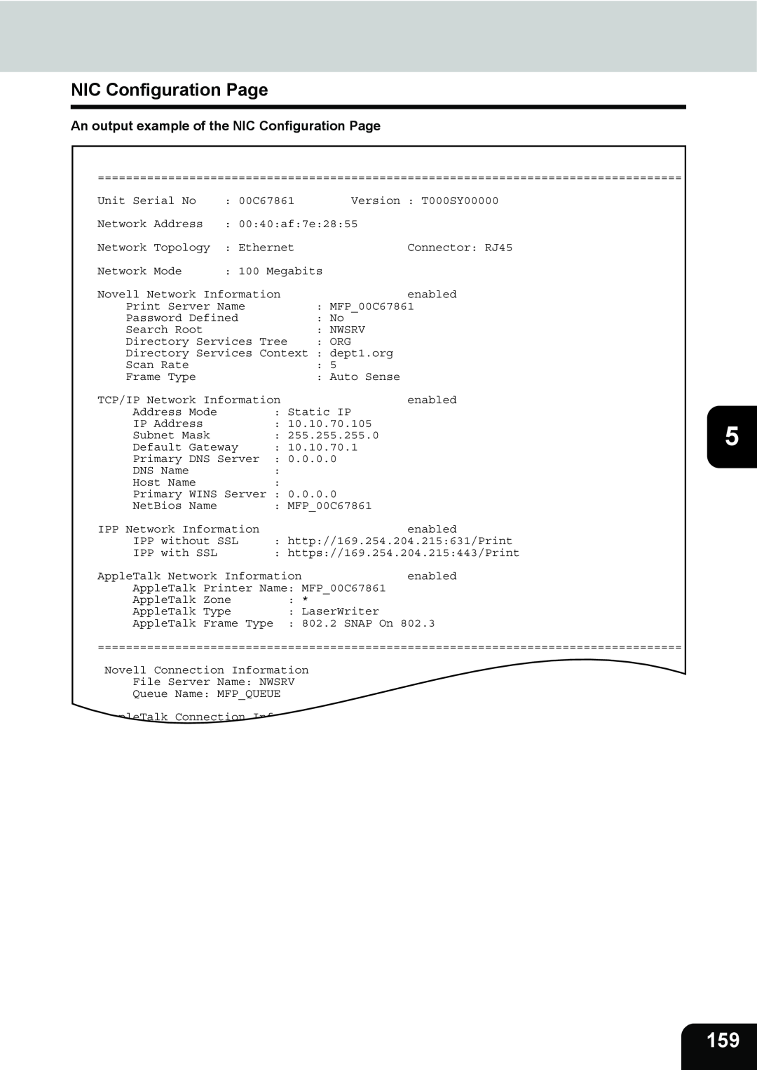 Toshiba 202L, 232, 282 manual An output example of the NIC Configuration Page 