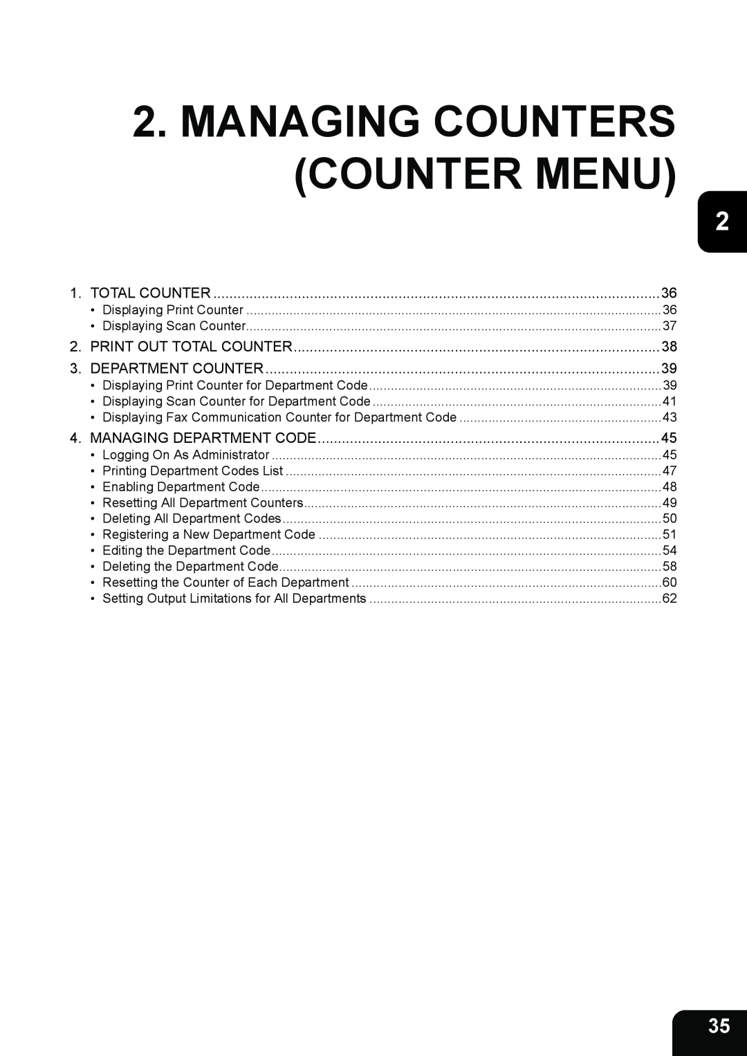 Toshiba 282, 232, 202L manual Managing Counters Counter Menu 