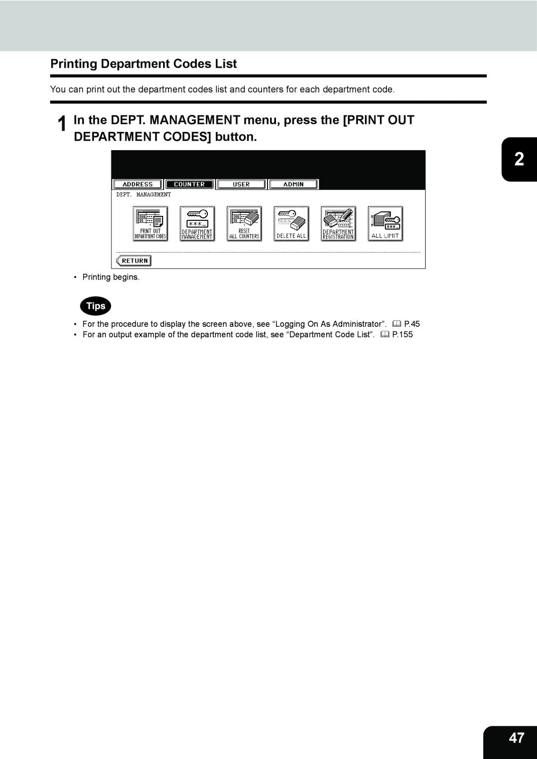 Toshiba 282, 232, 202L manual Printing Department Codes List, Printing begins, P.155 