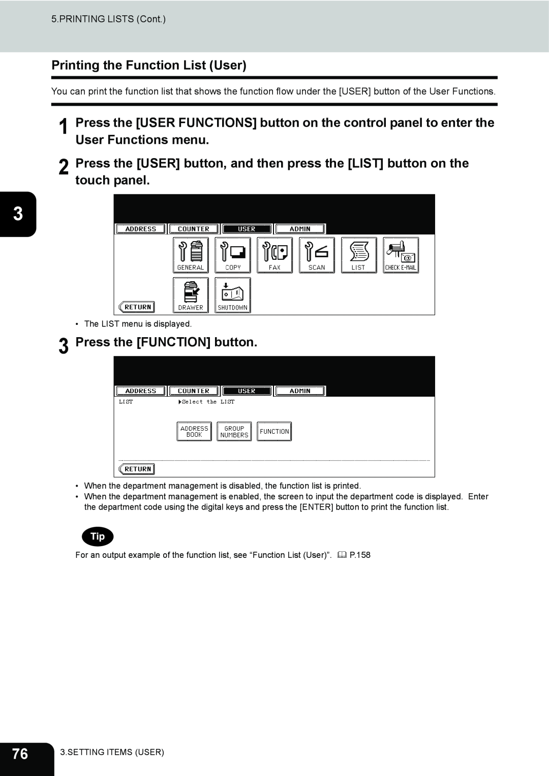 Toshiba 232, 282, 202L manual Printing the Function List User, Press the FUNCTION button, PRINTING LISTS Cont 