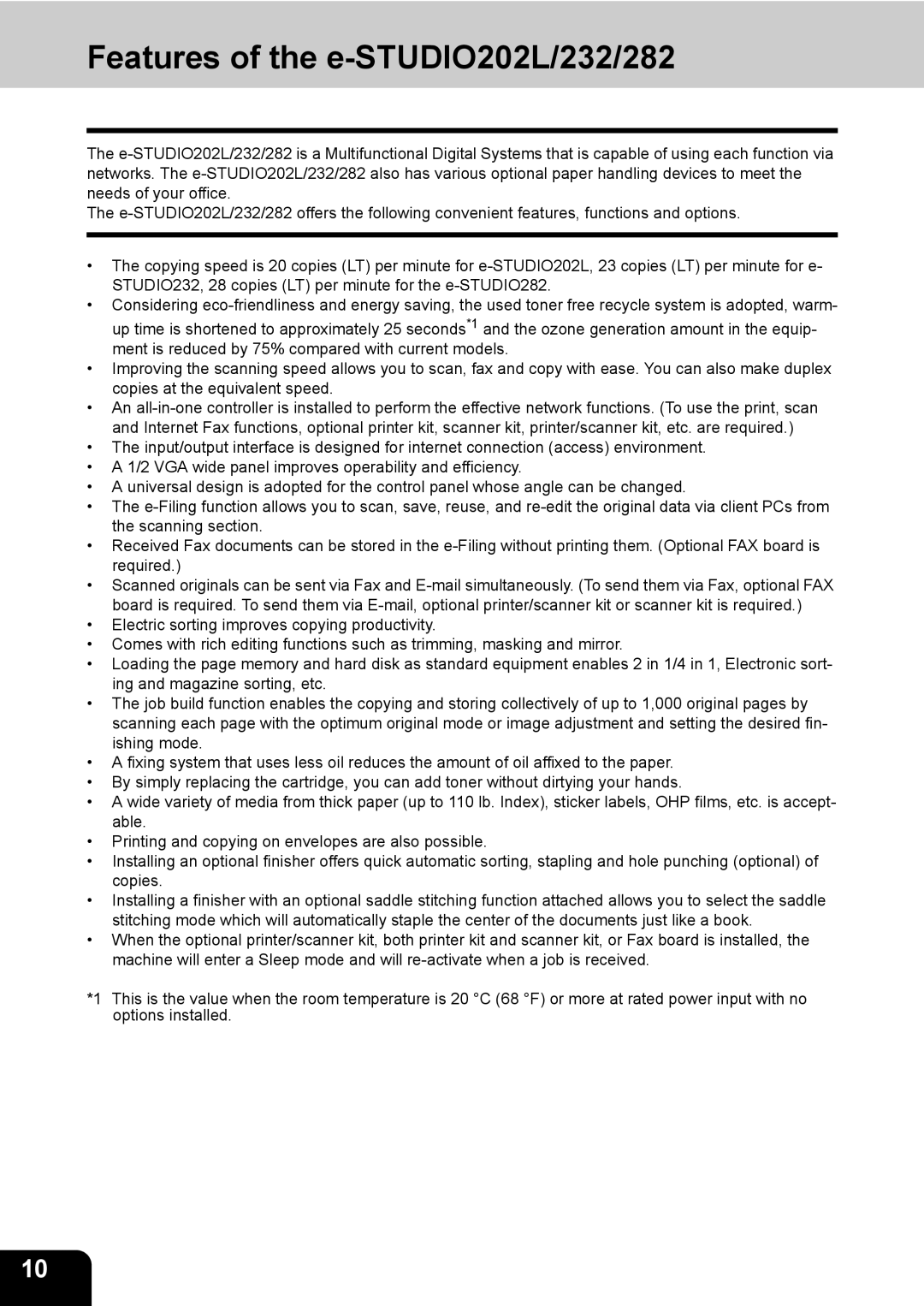 Toshiba manual Features of the e-STUDIO202L/232/282 