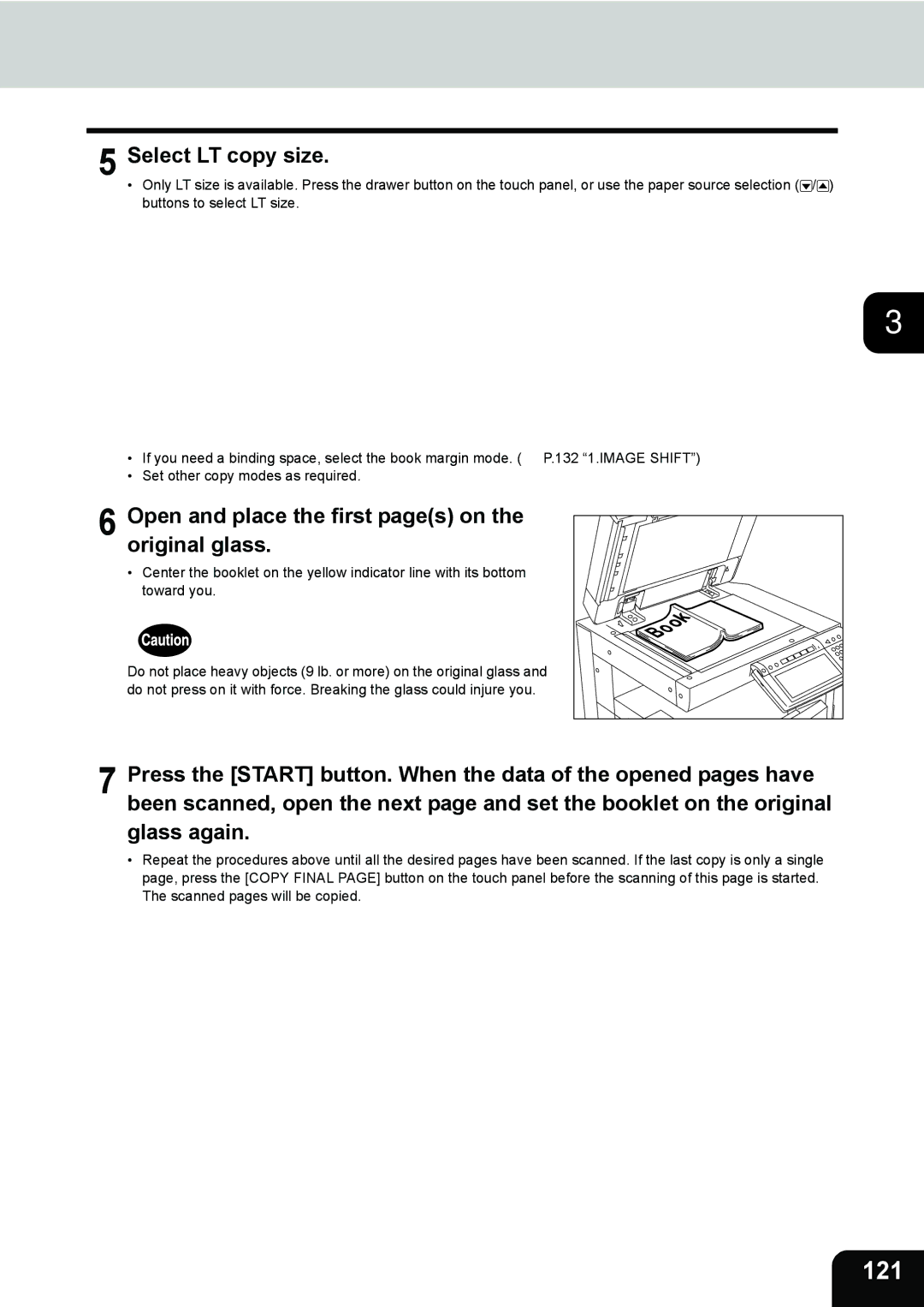 Toshiba 232, 282, e-STUDIO202L manual 121, Select LT copy size, Open and place the first pages on the original glass 