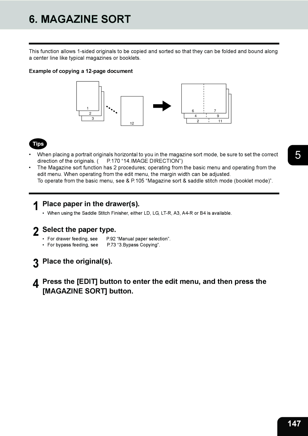 Toshiba e-STUDIO202L, 232, 282 147, Select the paper type, Magazine Sort button, Example of copying a 12-page document 