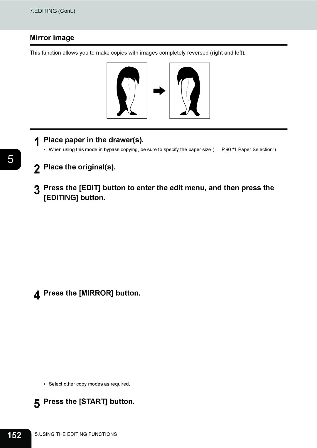 Toshiba 282, 232, e-STUDIO202L manual 152, Mirror image, Editing button, Press the Mirror button 