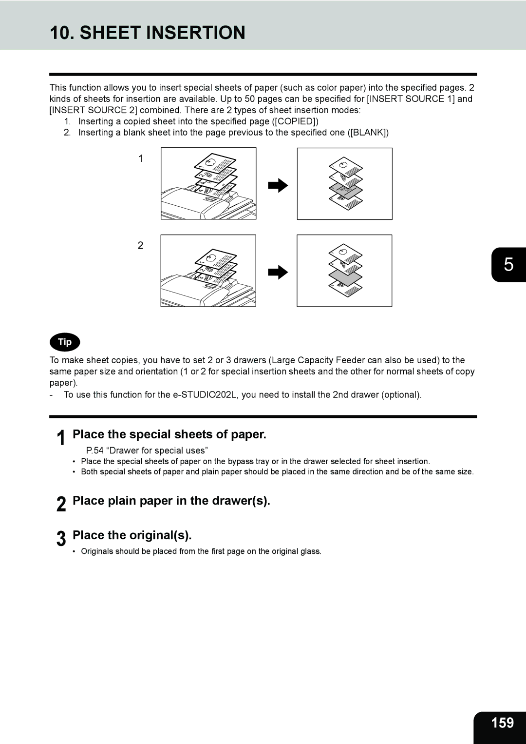 Toshiba e-STUDIO202L, 232, 282 manual Sheet Insertion, 159, Place the special sheets of paper 