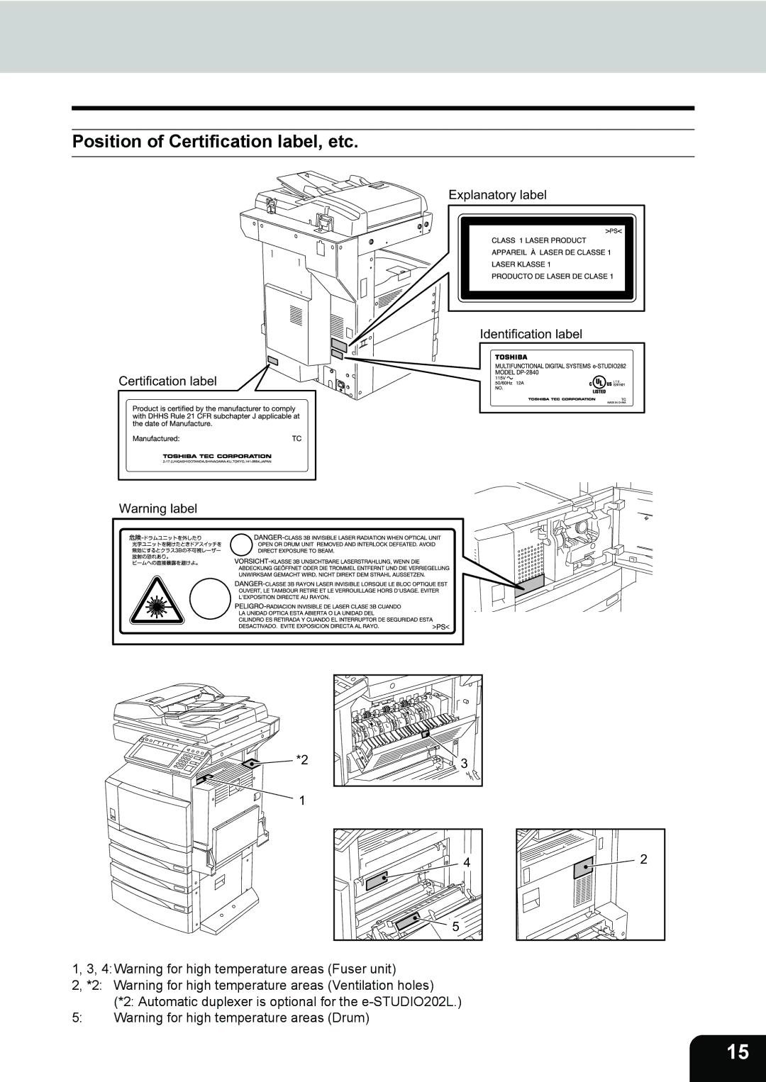 Toshiba e-STUDIO202L, 232, 282 manual Position of Certification label, etc 