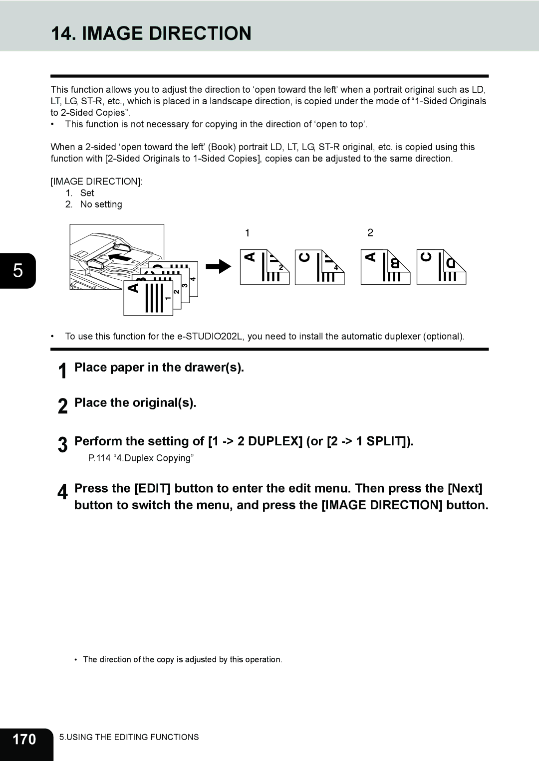 Toshiba 282, 232, e-STUDIO202L manual Image Direction, 170 