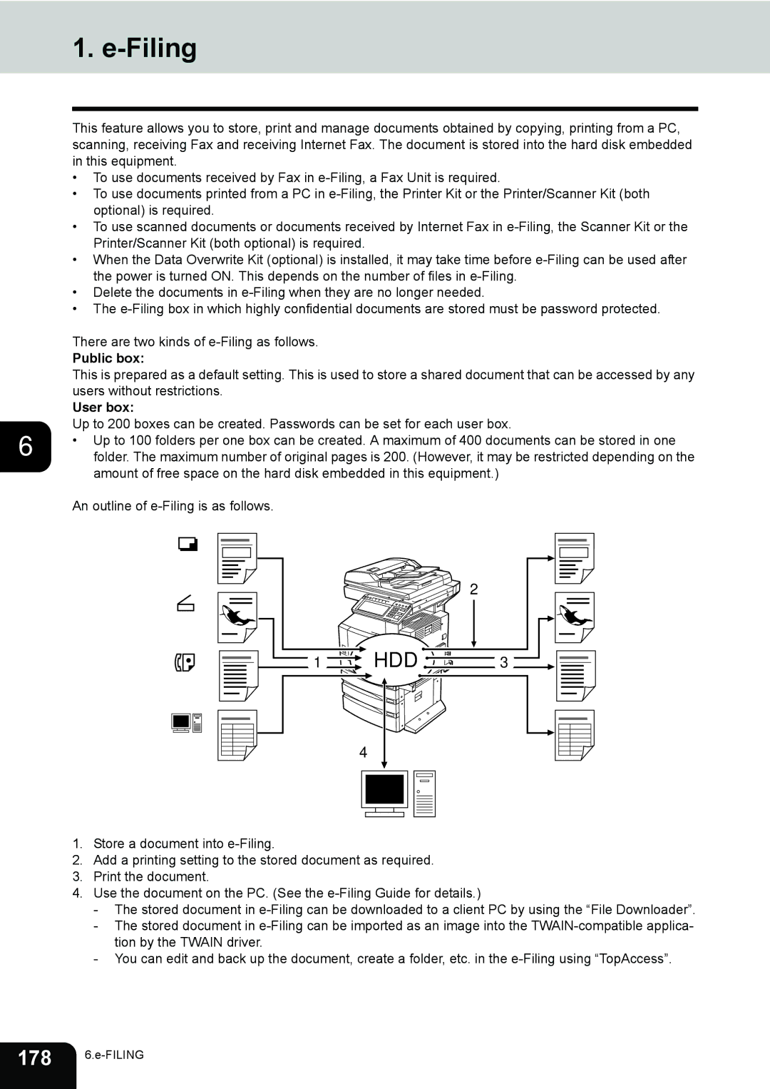 Toshiba 232, 282, e-STUDIO202L manual Filing, Public box, User box 