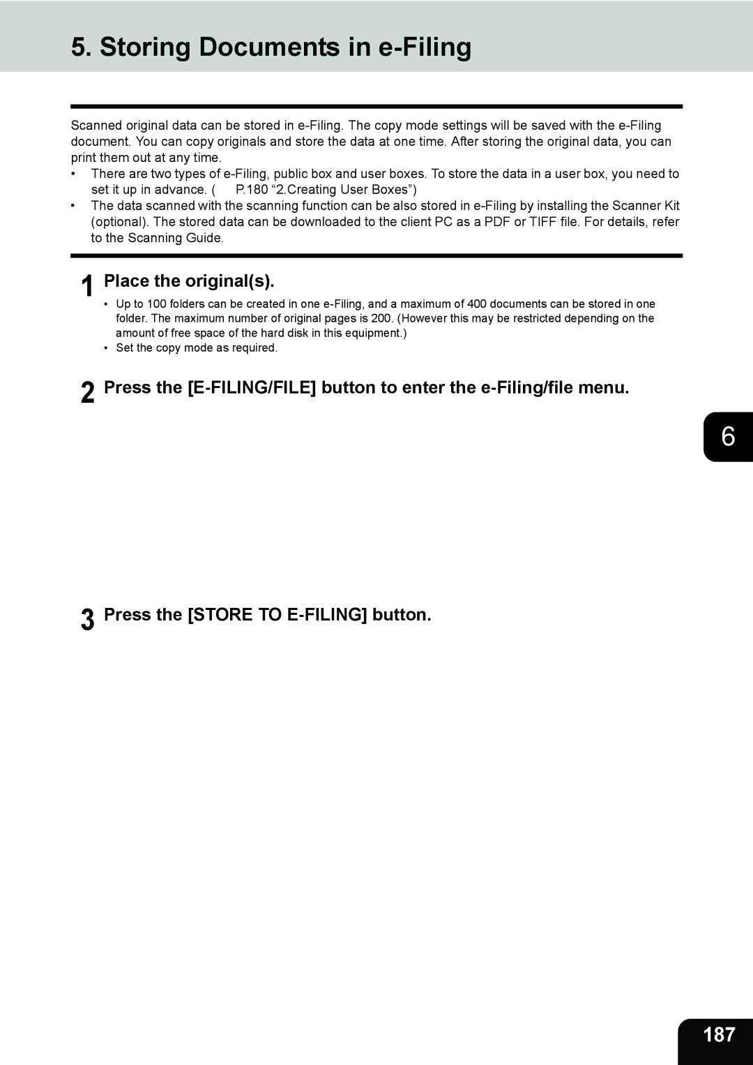 Toshiba 232, 282, e-STUDIO202L manual Storing Documents in e-Filing, 187 