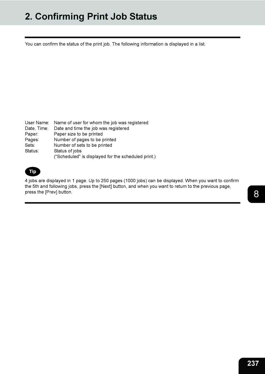 Toshiba e-STUDIO202L, 232, 282 manual Confirming Print Job Status, 237 