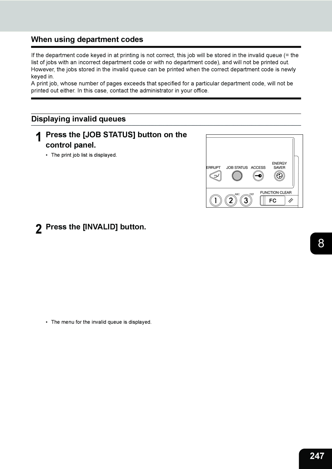 Toshiba 232, 282, e-STUDIO202L manual 247, When using department codes, Press the Invalid button 