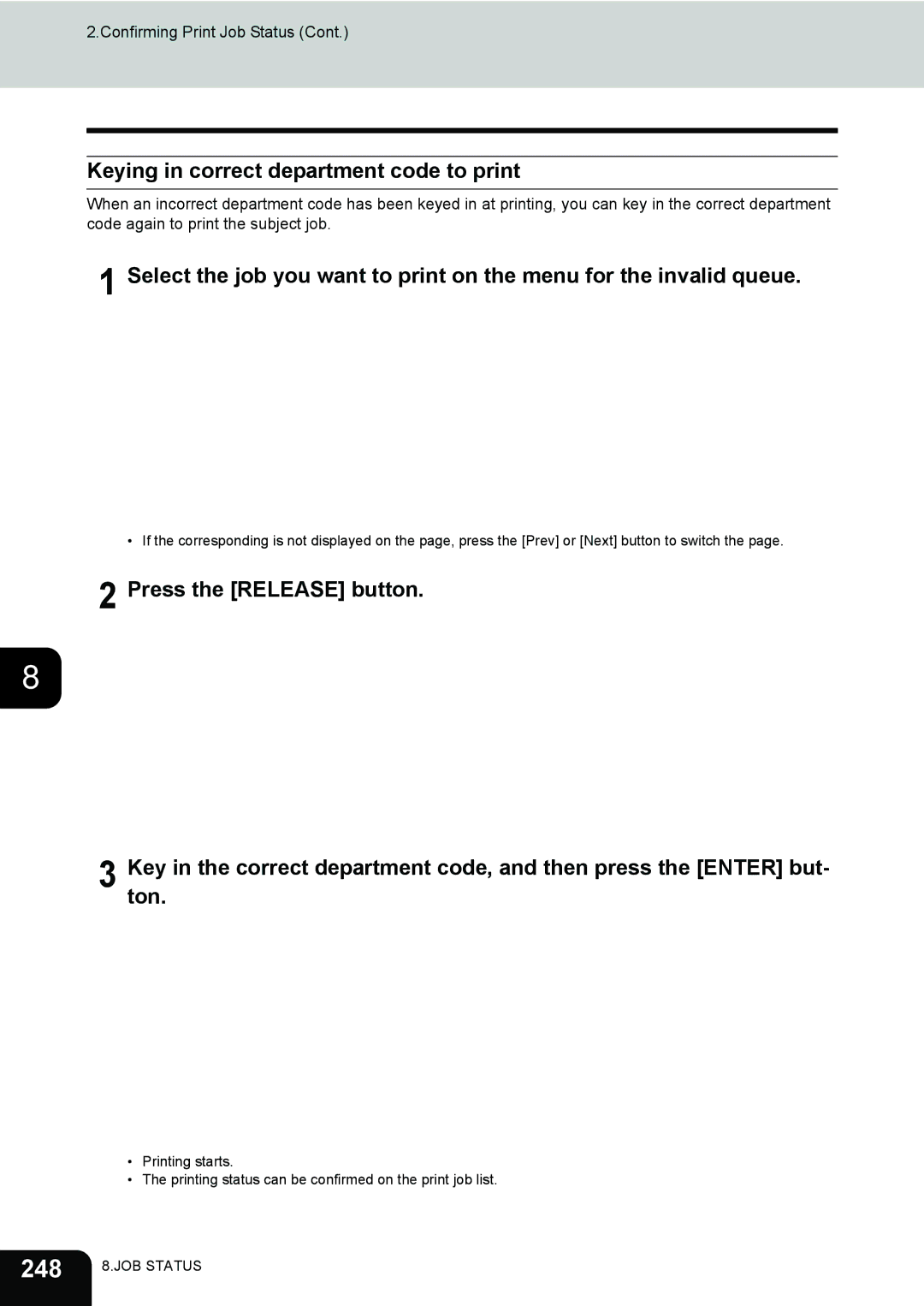 Toshiba 282, 232, e-STUDIO202L manual 248, Keying in correct department code to print 