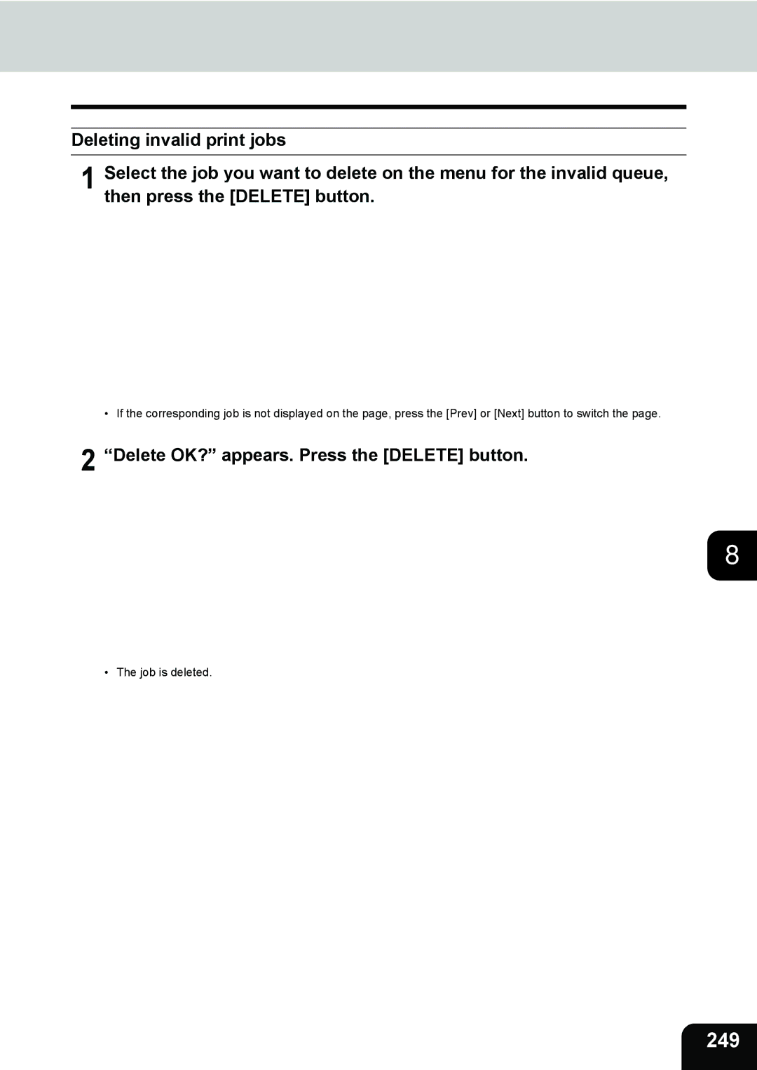 Toshiba e-STUDIO202L, 232, 282 manual 249, Delete OK? appears. Press the Delete button 