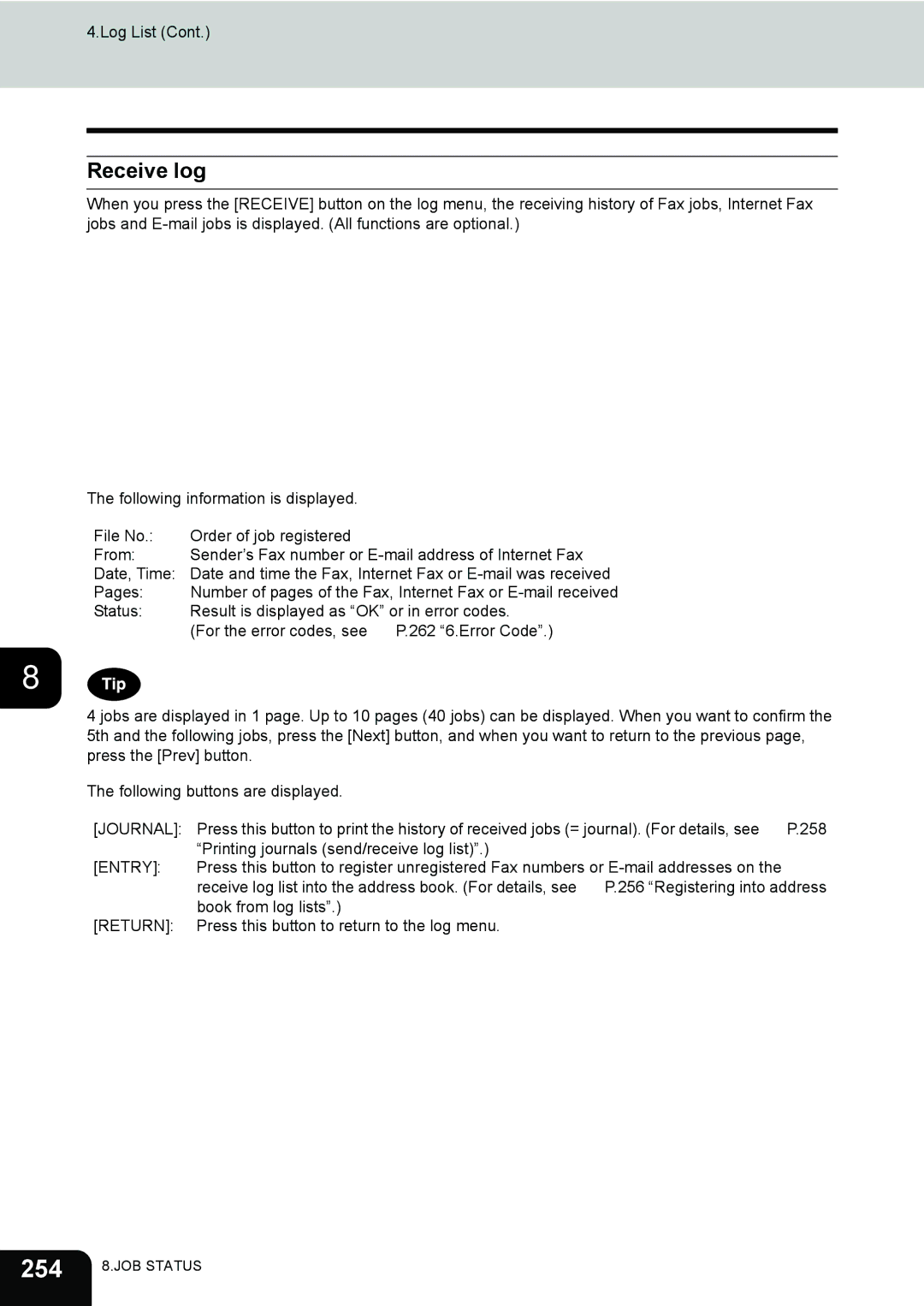 Toshiba 282, 232, e-STUDIO202L manual 254, Receive log 