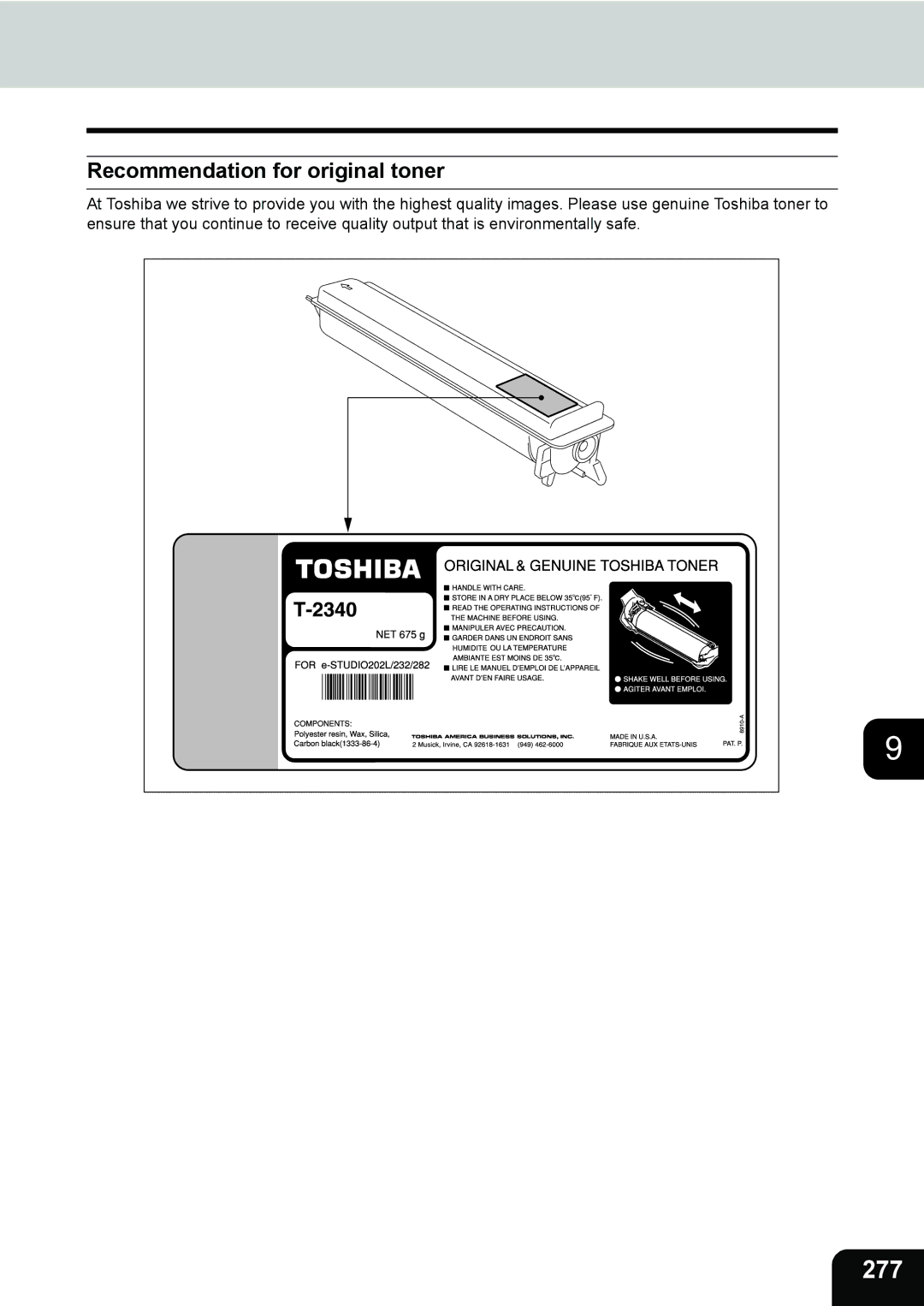 Toshiba 232, 282, e-STUDIO202L manual 277, Recommendation for original toner 