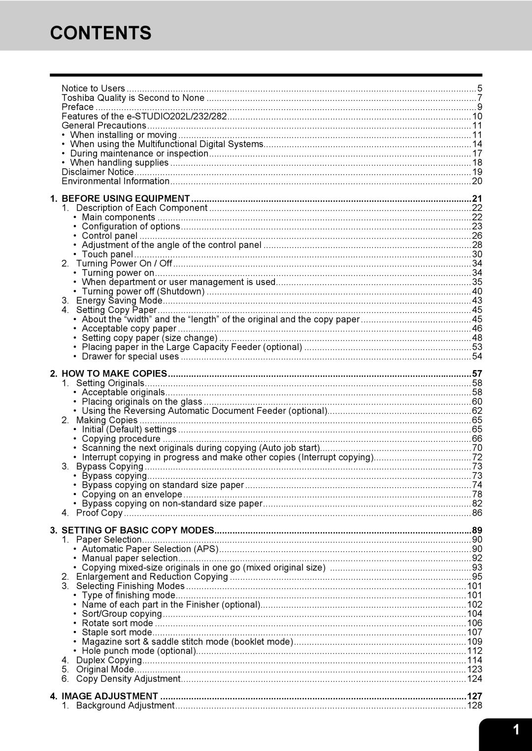 Toshiba 232, 282, e-STUDIO202L manual Contents 