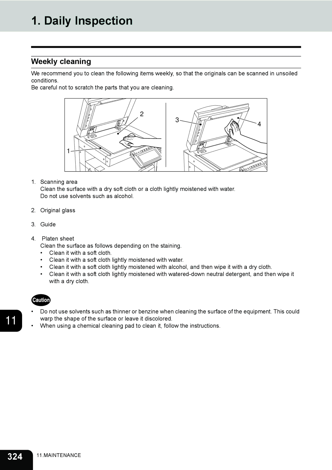 Toshiba e-STUDIO202L, 232, 282 manual Daily Inspection, Weekly cleaning 