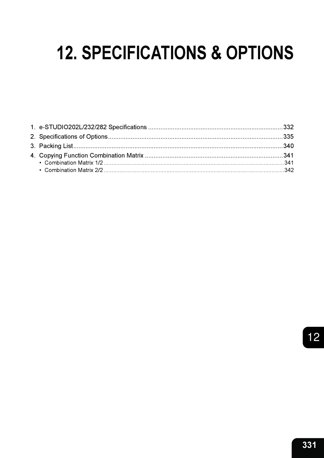 Toshiba 232, 282, e-STUDIO202L manual Specifications & Options, 331 