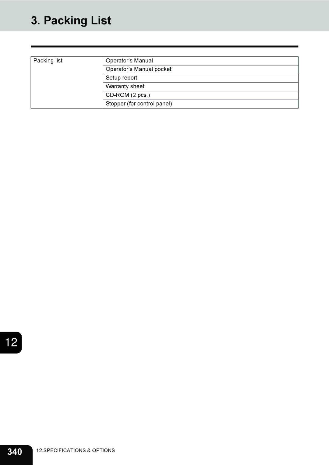 Toshiba 232, 282, e-STUDIO202L manual Packing List, 340 