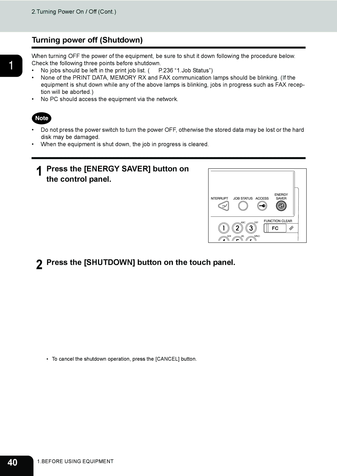 Toshiba 232, 282, e-STUDIO202L manual Turning power off Shutdown 