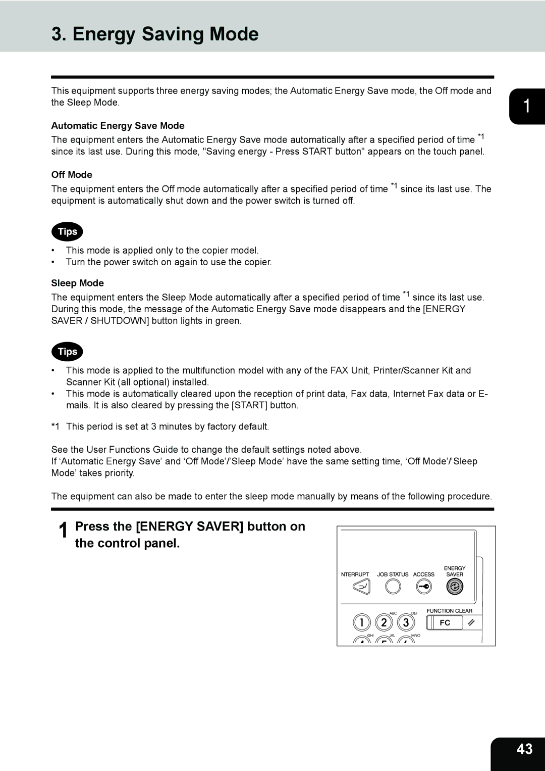 Toshiba 232 Energy Saving Mode, Press the Energy Saver button on the control panel, Automatic Energy Save Mode, Off Mode 