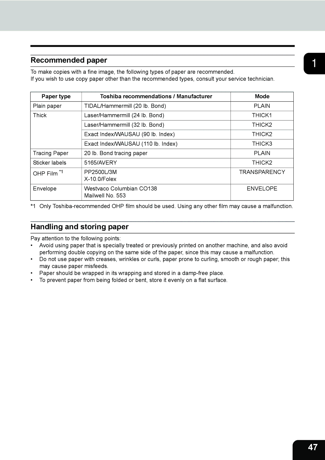 Toshiba 282, 232 Recommended paper, Handling and storing paper, Paper type Toshiba recommendations / Manufacturer Mode 