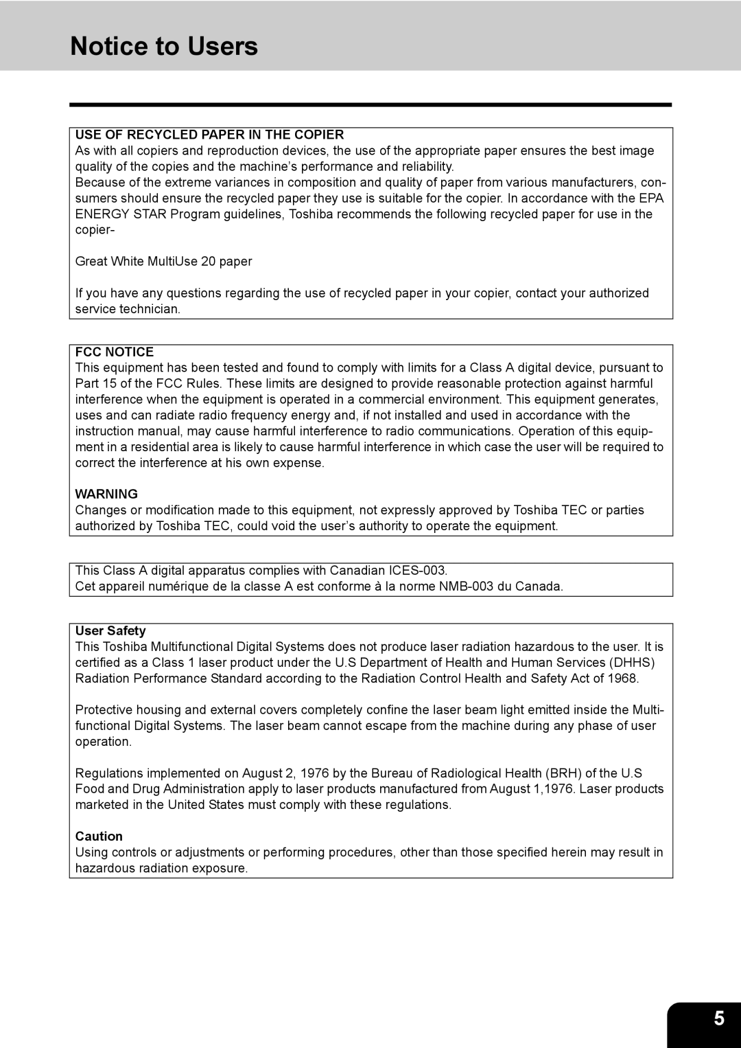 Toshiba 282, 232, e-STUDIO202L manual USE of Recycled Paper in the Copier, User Safety 