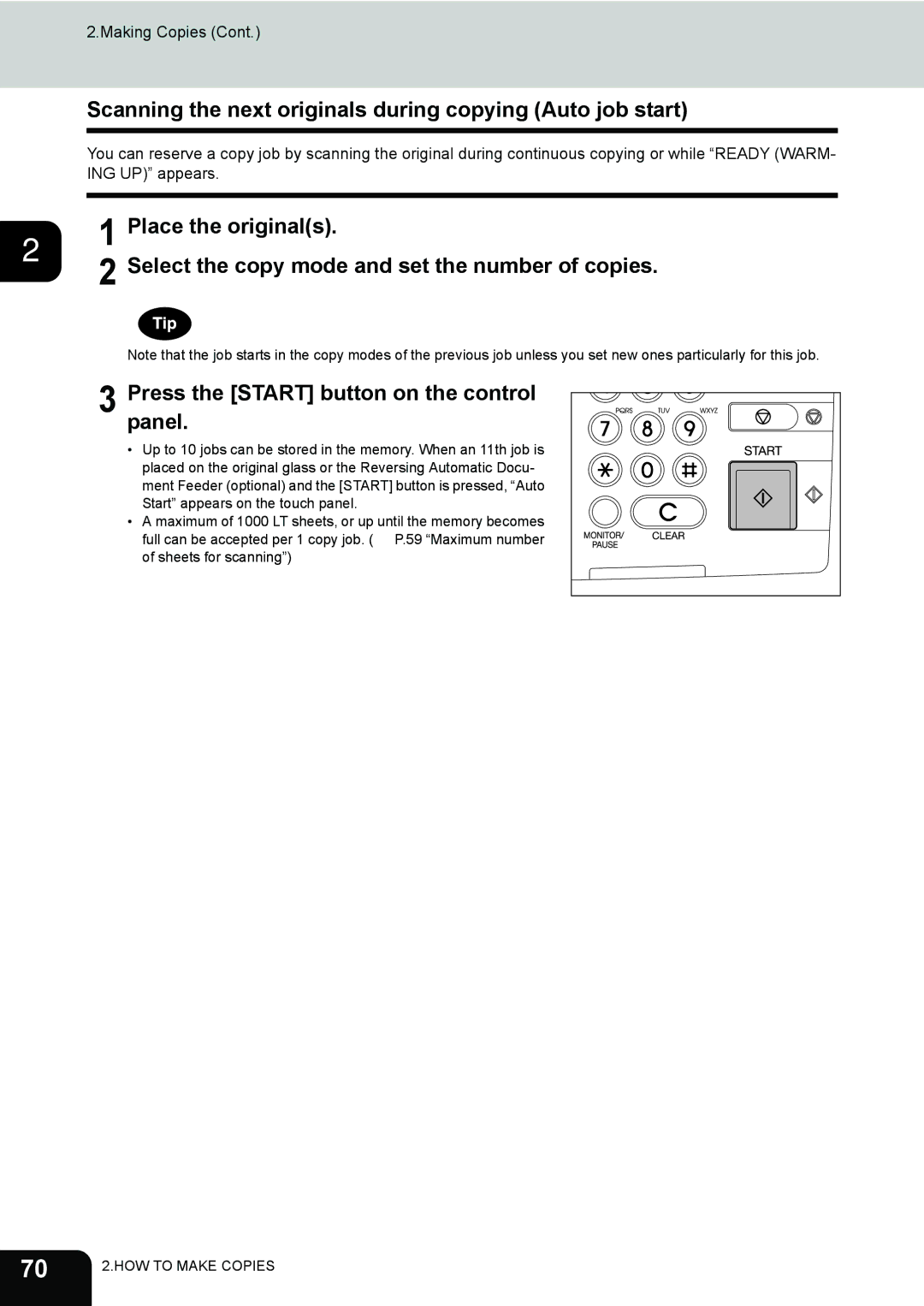 Toshiba 232 Scanning the next originals during copying Auto job start, Select the copy mode and set the number of copies 