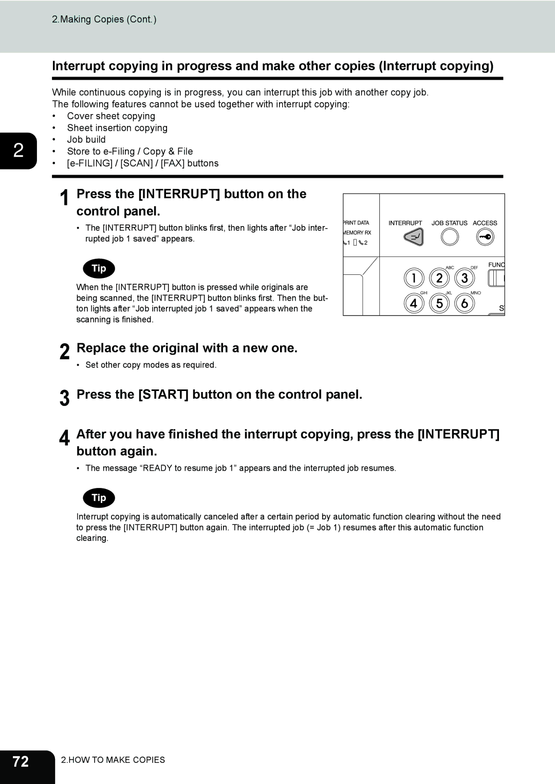 Toshiba e-STUDIO202L, 232, 282 manual Press the Interrupt button on Control panel, Replace the original with a new one 