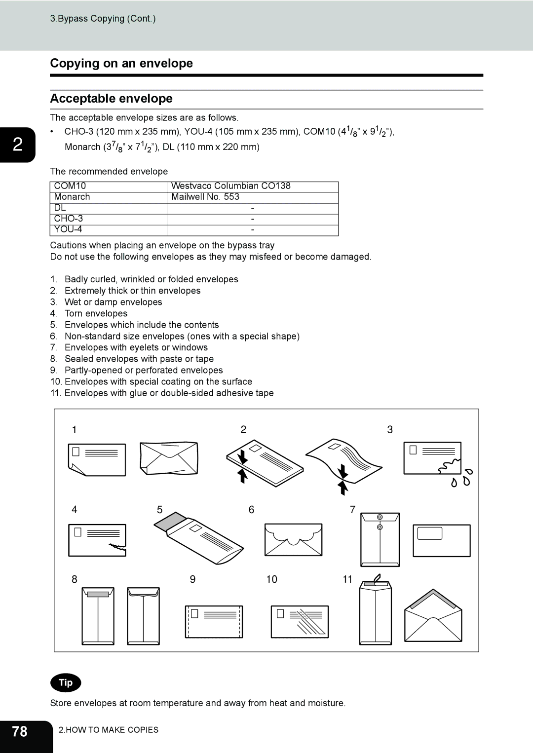 Toshiba e-STUDIO202L, 232, 282 manual Copying on an envelope Acceptable envelope, CHO-3 YOU-4 