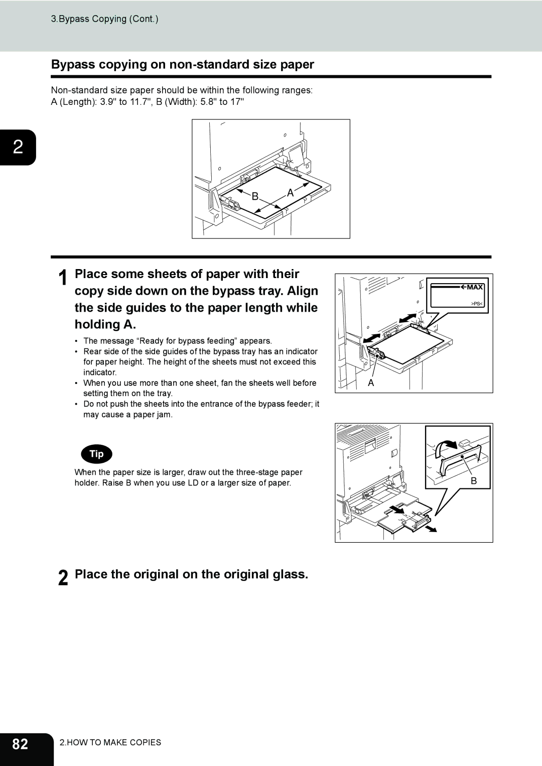 Toshiba 232, 282, e-STUDIO202L manual Bypass copying on non-standard size paper, Place the original on the original glass 