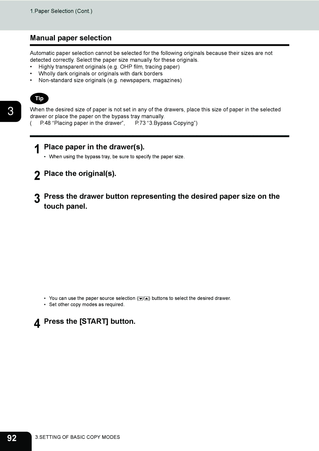 Toshiba 282, 232, e-STUDIO202L manual Manual paper selection, Place paper in the drawers 