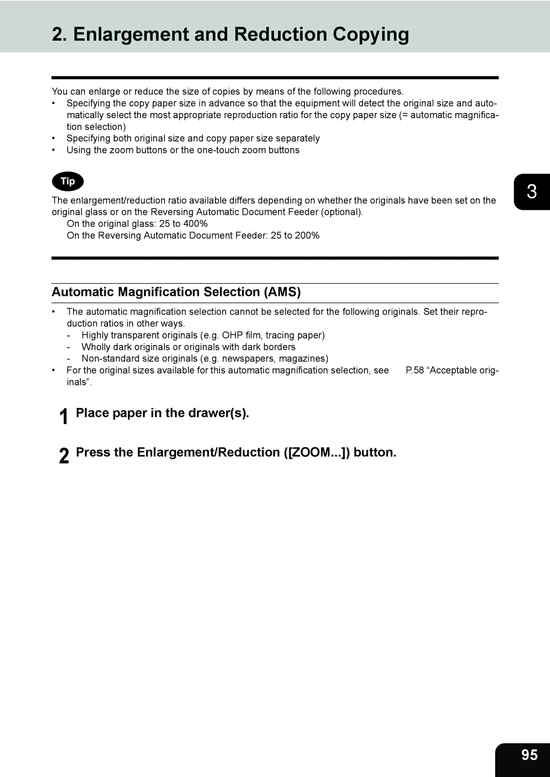 Toshiba 282, 232, e-STUDIO202L manual Enlargement and Reduction Copying, Automatic Magnification Selection AMS 