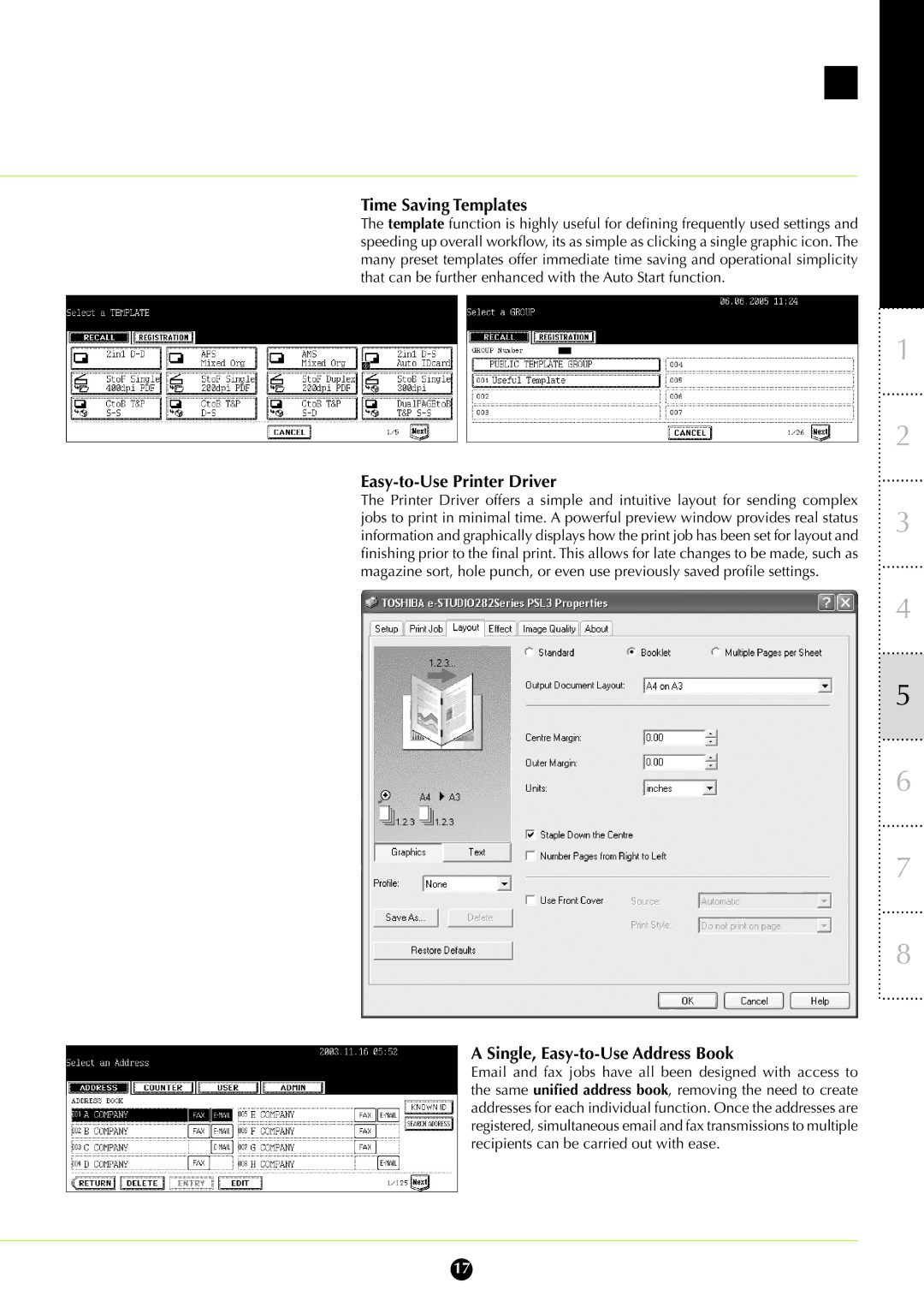 Toshiba 282, 232 manual Time Saving Templates, Easy-to-Use Printer Driver, Single, Easy-to-Use Address Book 