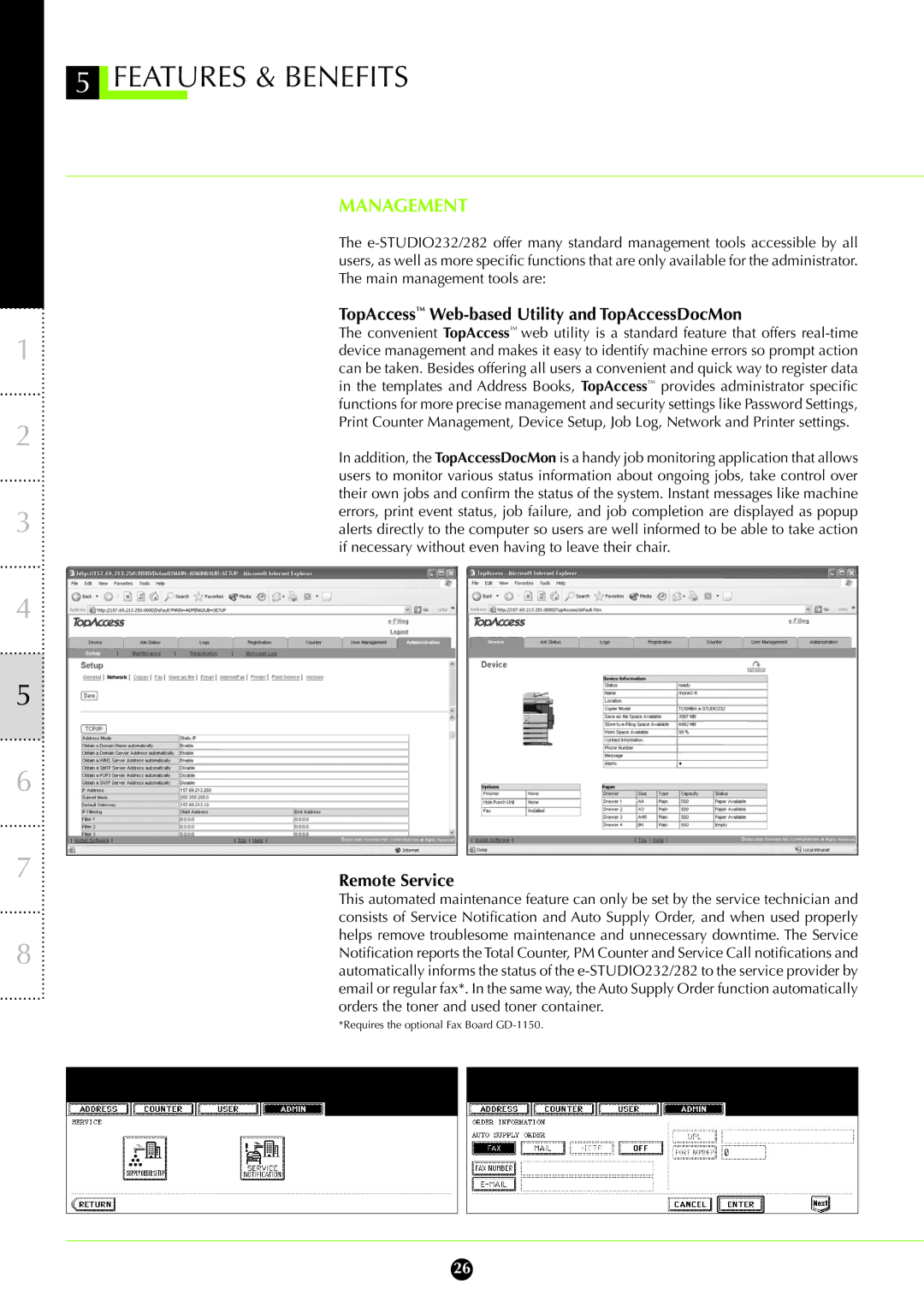 Toshiba 232, 282 manual Management, TopAccess Web-based Utility and TopAccessDocMon, Remote Service 