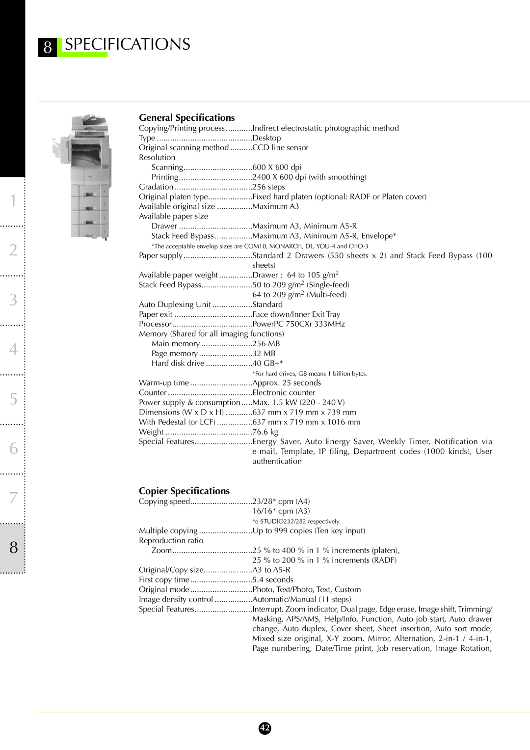 Toshiba 232, 282 manual General Specifications, Copier Specifications 