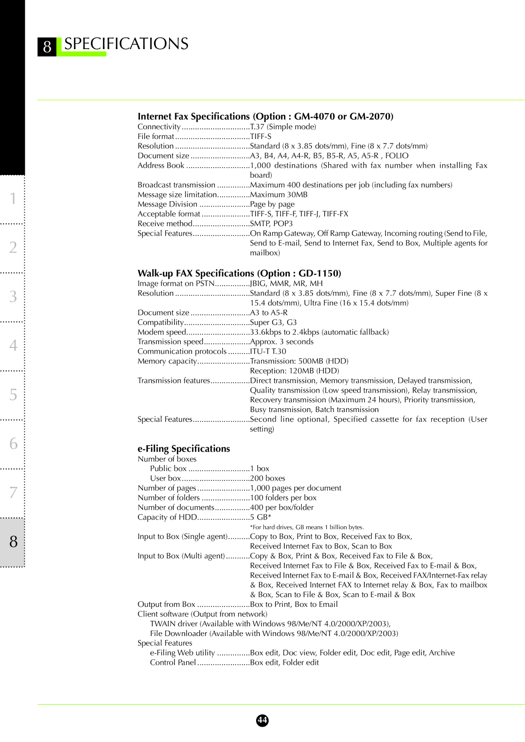 Toshiba 232, 282 manual Internet Fax Specifications Option GM-4070 or GM-2070, Walk-up FAX Specifications Option GD-1150 