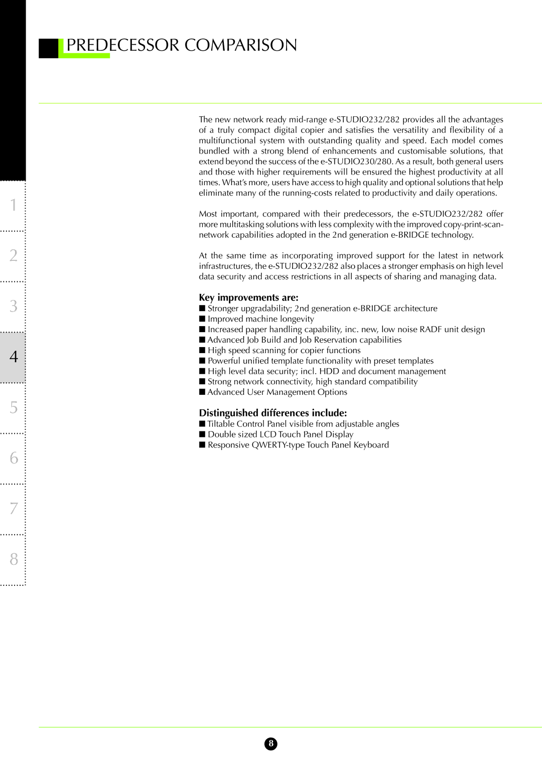 Toshiba 232, 282 manual Predecessor Comparison, Key improvements are, Distinguished differences include 