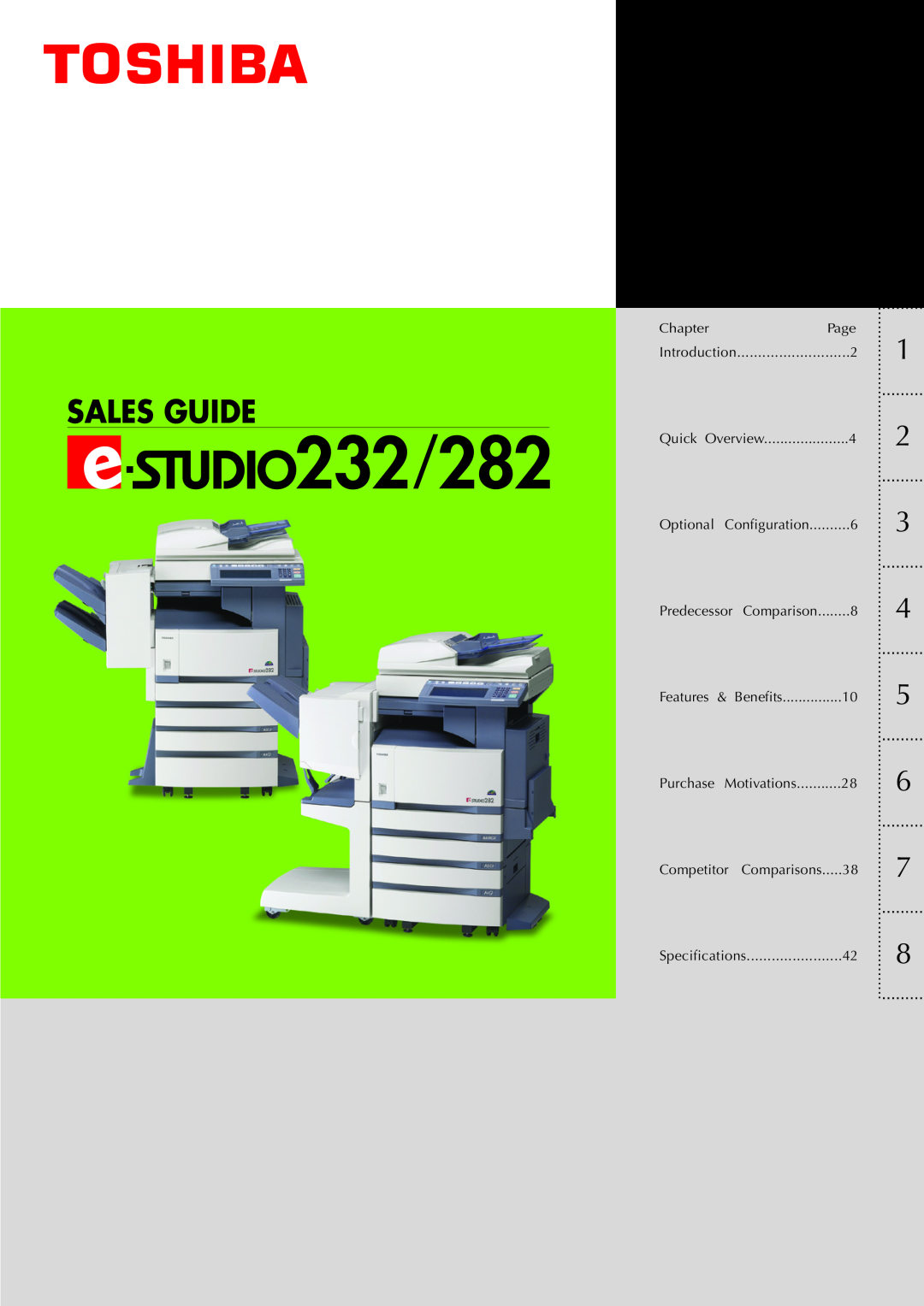 Toshiba 282 manual Sales Guide, Introduction, Quick Overview, Optional Configuration, Features & Benefits, Specifications 