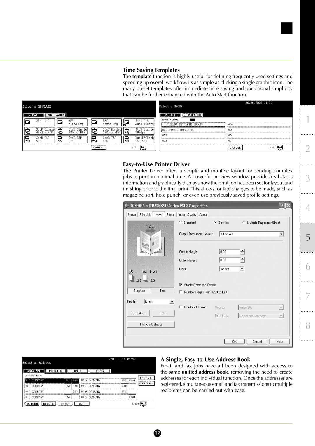 Toshiba 282, 232 manual Time Saving Templates, Easy-to-Use Printer Driver, A Single, Easy-to-Use Address Book 