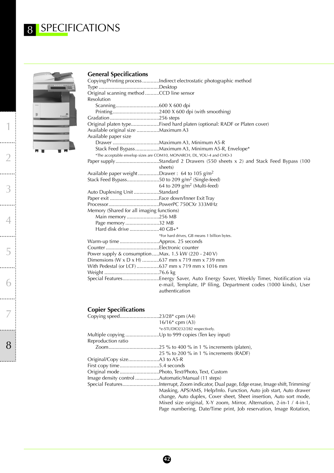 Toshiba 232, 282 manual General Specifications, Copier Specifications 