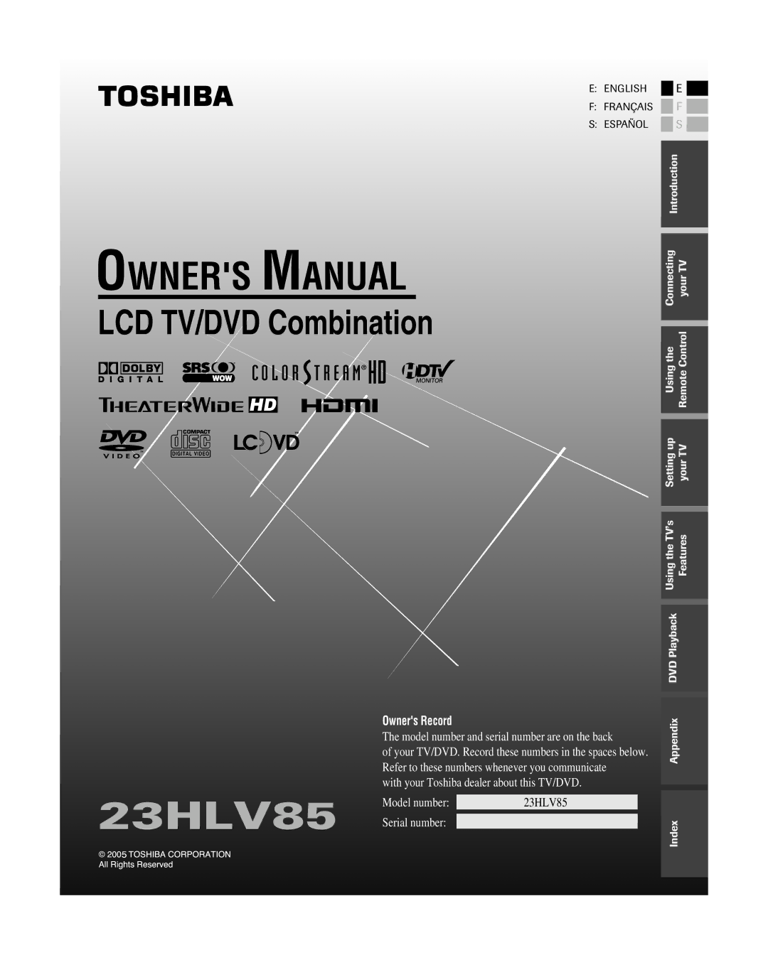 Toshiba 23HLV85 manual LCD TV/DVD Combination 