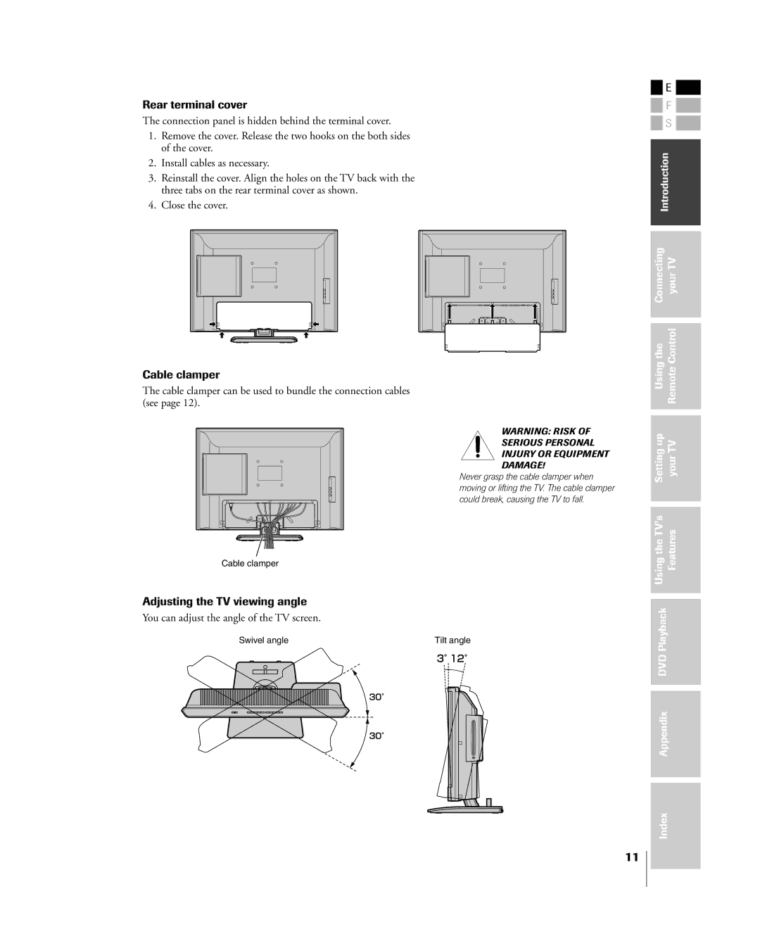 Toshiba 23HLV85 manual Rear terminal cover, Cable clamper, Adjusting the TV viewing angle 