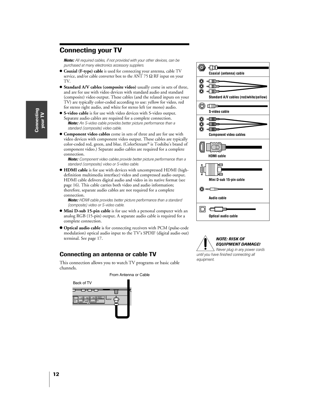 Toshiba 23HLV85 manual Connecting your TV, Connecting an antenna or cable TV 