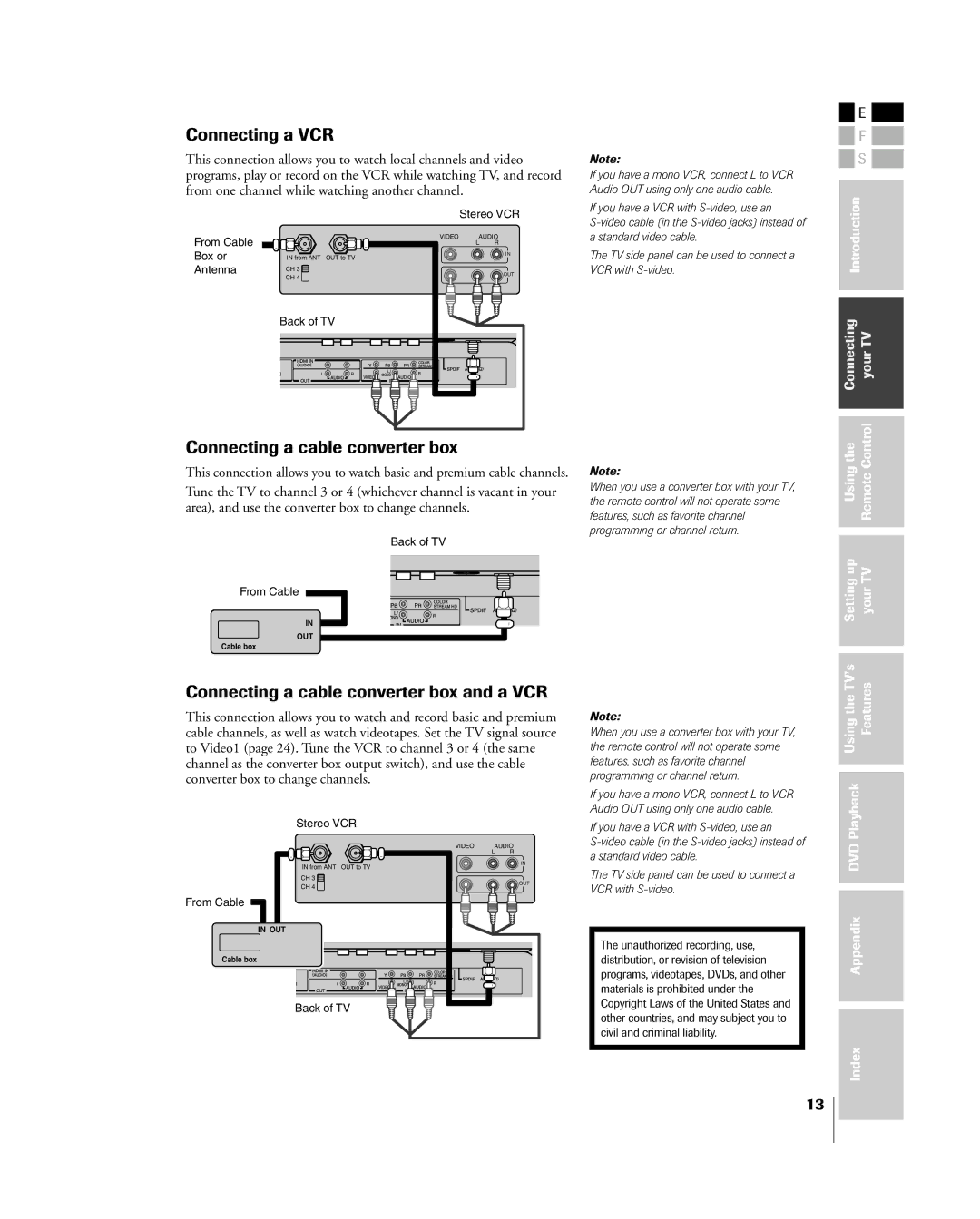 Toshiba 23HLV85 manual Connecting a VCR, Connecting a cable converter box and a VCR 